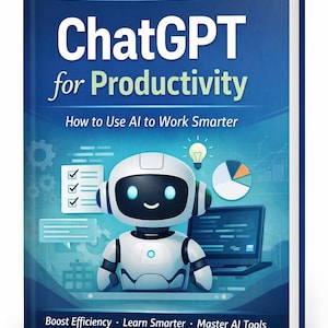 May include: A book titled "ChatGPT for Productivity" with a blue cover. The cover features a white robot illustration, a laptop, and a lightbulb icon. The text reads "How to Use AI to Work Smarter".