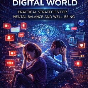 May include: Book cover titled "MANAGING STRESS AND ANXIETY IN A DIGITAL WORLD" with the subtitle "PRACTICAL STRATEGIES FOR MENTAL BALANCE AND WELL-BEING." The image features a man and woman, both with their heads in their hands, surrounded by digital icons.