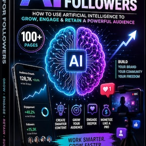 May include: Book cover titled "AI for Followers" with a dark background and neon blue and purple graphics. The cover promotes using artificial intelligence to grow an audience. Includes social media icons and a smartphone graphic.