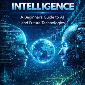 May include: Book cover for "Exploring Artificial Intelligence." The design is futuristic, with two stylized human faces, a glowing globe, and the text "A Beginner's Guide to AI and Future Technologies." The publisher is Echoedition.