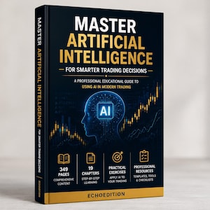 May include: A hardcover book titled Master Artificial Intelligence for Smarter Trading Decisions. The dark blue cover features a glowing blue human head silhouette with an AI brain icon, gold stock market charts, and four icons detailing 349 pages, 19 chapters, practical exercises, and professional resources.