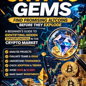 Może przedstawiać: Obraz promocyjny dla książki zatytułowanej "How to Spot Crypto Gems". Okładka przedstawia diament powiększony przez soczewkę, logo Bitcoin i Ethereum oraz tekst "Find Promising Altcoins Before They Explode."