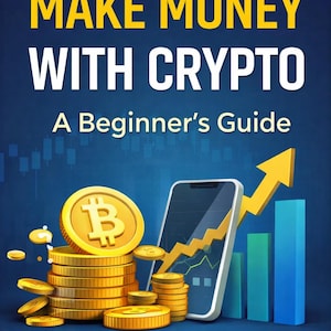 May include: Digital guide cover with the title "How to Make Money with Crypto" in yellow and white text. The image features stacks of gold coins, a smartphone, and a rising arrow, all set against a blue background.
