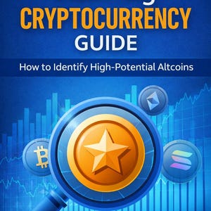 Może przedstawiać: Niebieska okładka książki z tytułem "Next Big Cryptocurrency Guide" dużymi żółtymi literami. Okładka przedstawia lupę nad złotą monetą z gwiazdą i innymi symbolami kryptowalut.