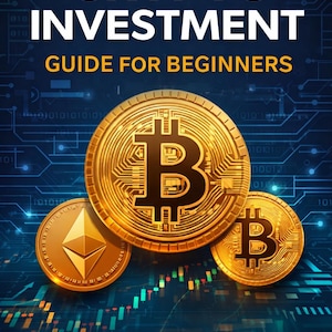 Op de afbeelding: Boekomslag getiteld "CRYPTO INVESTMENT GUIDE FOR BEGINNERS" met gouden Bitcoin- en Ethereum-munten op een blauwe achtergrond. De cover bevat de tekst "Learn How to Invest in Cryptocurrency" en de woorden "Bitcoin, Blockchain, Digital Finance".