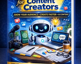 Könnte beinhalten: Ein Buchcover mit dem Titel "50 ChatGPT für Content Creators" mit blauem und gelbem Design. Das Cover zeigt eine Roboterillustration, einen Laptop, ein Smartphone und andere Content-Erstellungswerkzeuge. Der Text enthält "Bauen Sie Ihr Publikum auf, erstellen Sie schneller, KI-Inhalte."