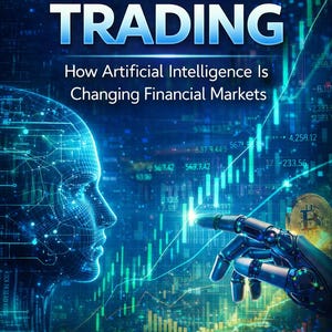May include: Book cover titled "AI AND TRADING" with the subtitle "How Artificial Intelligence Is Changing Financial Markets." The image features a digital human profile, a robotic hand, and financial data visualizations in shades of blue and green.
