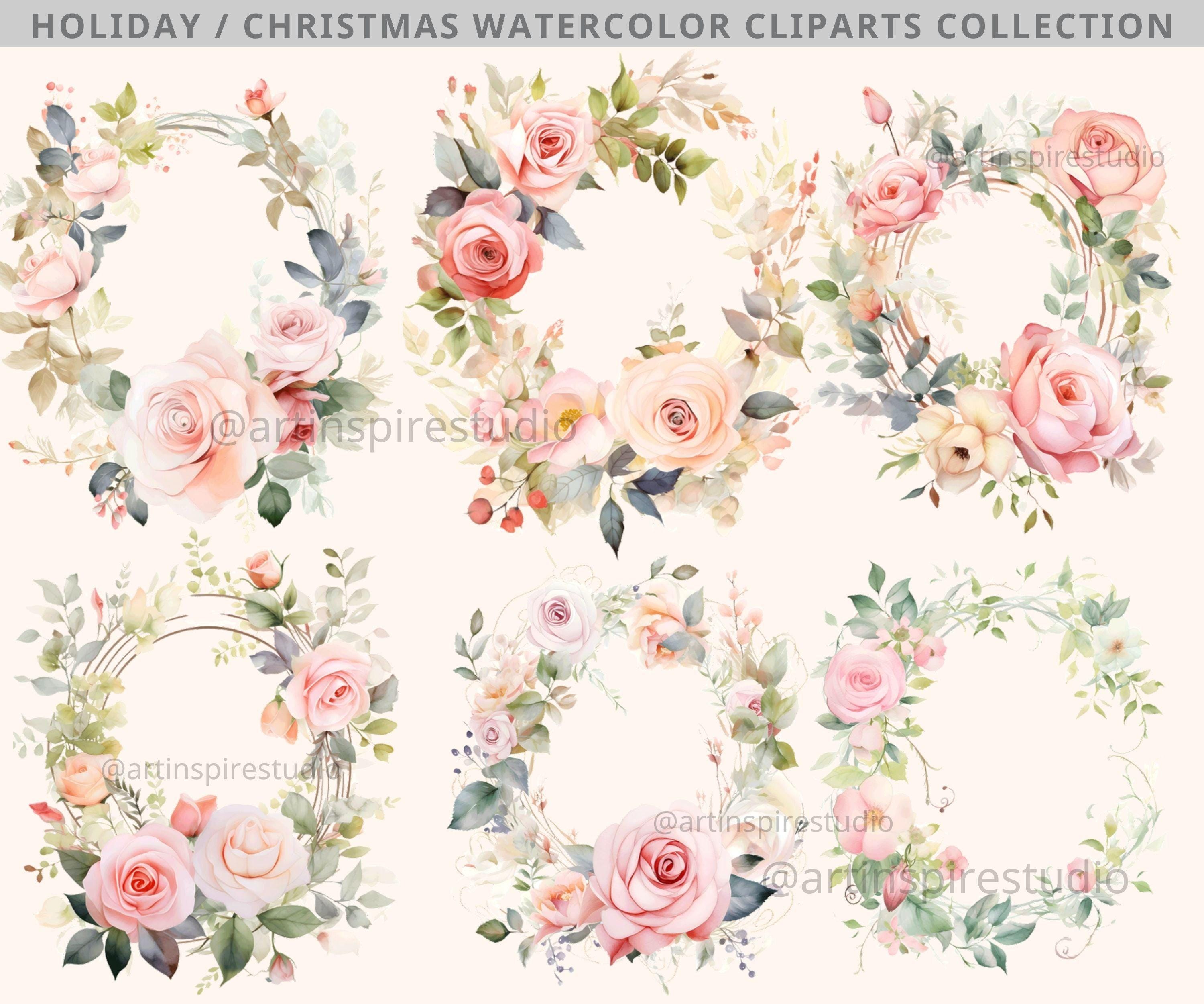 Clipart Watercolor Wreath Bundle, Roses Pink Floral Wreaths Clipart ...