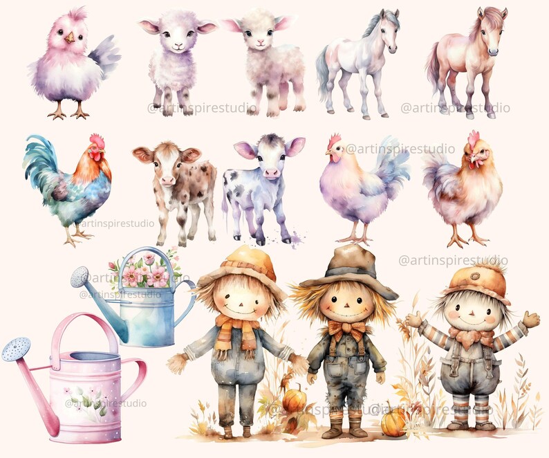 Farm Clipart Watercolor Clip Art Bundle PNG Pink Pastel Farmhouse ...
