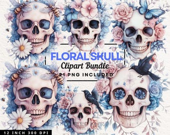 Schädel Clipart Bundle, Schädel png Designs, Blumen Clipart, Blumen, Motte Grafiken, transparenter Hintergrund, kommerzielle Nutzung
