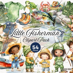 Little Fisherman Clipart, Fishing Tackle Clipart, Boy Fishing Clipart Watercolor, Kid Fishing, Nursery Baby Shower Clip art Fishing PNG