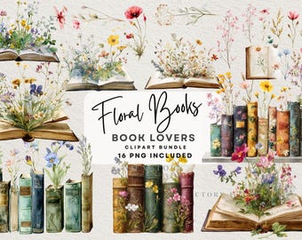 Aquarell Blumen Buch Clipart, Lese Clip Art, Bücher Floral Card Making Journal Wildblumen Buch Png Bundle, Bücherwurm, Bücher Liebhaber Clipart