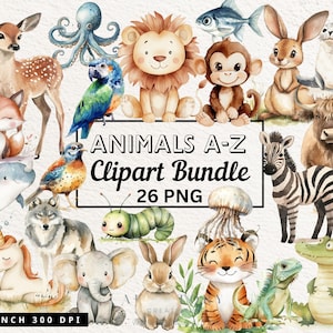 Watercolor Animals A-Z Clipart Bundle Alphabet Clip Art, A-Z Letters Animals Educational Clip Art Bundle Commercial Use Digital Download