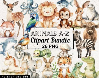 Watercolor Animals A-Z Clipart Bundle Alphabet Clip Art, A-Z Letters Animals Educational Clip Art Bundle Commercial Use Digital Download