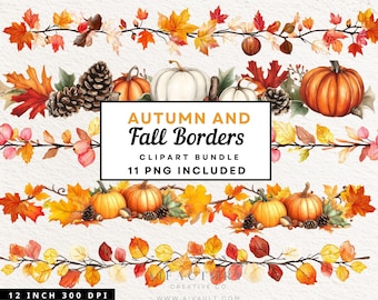 May include: Watercolor clipart bundle featuring autumn and fall borders. The image includes colorful leaves, pumpkins, pinecones, and the text "AUTUMN AND Fall Borders CLIPART BUNDLE 11 PNG INCLUDED". The borders are 12 inches wide.