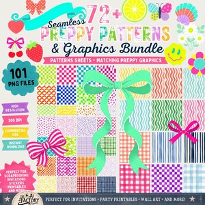 100+ Preppy Randiga PNG-paket, Randiga Bakgrunder i Akvarell, Färgglada Digitala Papper, Clipart med Rosetter och Stjärnor, Ikoner med Slitna Randiga Mönster