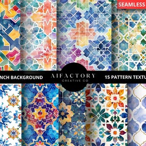 Paquete de texturas de acuarela, patrones islámicos para fondos, jpeg, uso comercial, acuarela para el Ramadán islámico Eid musulmán, mosaicos sin costuras.