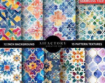 Watercolor Colour Texture Pack, Islamic Patterns for backgrounds, jpeg, commercial use, Muslim Islamic Eid Ramadan watercolor Seamless tiles