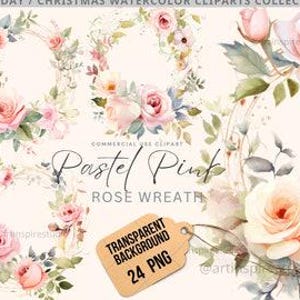 Clipart Watercolor Wreath Bundle, Roses Pink Floral Wreaths Clipart, Wedding Invitation Watercolor Winter Florals Botanical, transparent png