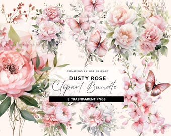Dusty Pink Floral Clipart, Light Pink Flower Bouquet, Watercolor Clip art for commercial use, Transparent PNGs, Wedding, Boy Baby Shower