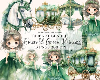 Emerald Green Princess Watercolor Clipart, Little Princess Clipart, Birthday Gold Glitter, Fairytale Princess and Castle PNG Carriage Knight