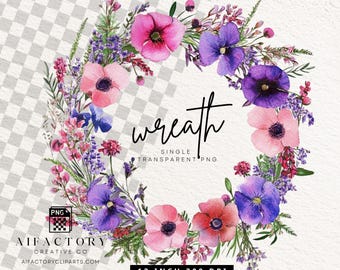 Wildflower Floral Wreath PNG, Watercolor Wreath, Wedding Wreath Clipart, Watercolor Flowers, Commercial Use Single image