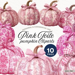 Könnte beinhalten: Eine Sammlung rosa Kürbisse mit floralen Toile-Mustern und dekorativen Schleifen. Die Kürbisse haben braune Stiele und sind kreisförmig angeordnet. Der Text "Pink Toile pumpkin Cliparts" und "10 PNGs" ist enthalten.