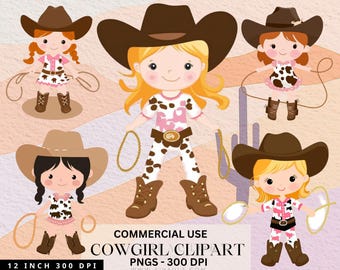 May include: Four digital illustrations of cowgirls wearing cowboy hats and outfits with a cow print pattern. The illustrations are on a pink and white background with the text "COMMERCIAL USE COWGIRL CLIPART PNGS - 300 DPI WWW.AIVAVULT.COM".