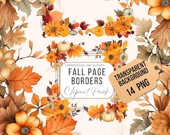 Fall Border Clipart Autumn Watercolor Clipart Floral Foliage leaves border Square Frame Page Border Thanksgiving Flower Frames PNG