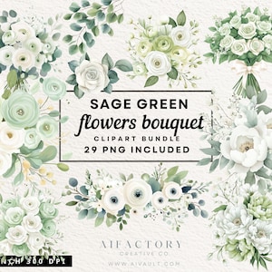 Sage Green Flowers Clipart, Sage Green Florals, Watercolor Greenery, Elegant White Rose Eucalyptus Leaves Wedding Invitation Digital clipart