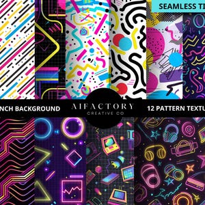 May include: A collection of 12 seamless digital pattern textures. The designs feature vibrant neon colors and geometric shapes, including lines, circles, and abstract forms. The text reads "12 INCH BACKGROUND" and "12 PATTERN TEXTURES".