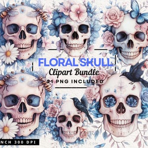 Schädel Clipart Bundle, Schädel png Designs, Blumen Clipart, Blumen, Motte Grafiken, transparenter Hintergrund, kommerzielle Nutzung
