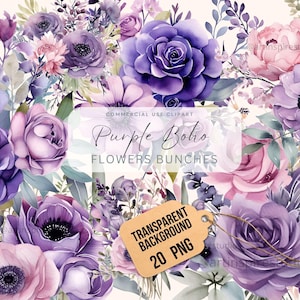 Aquarell lila Boho Blumenstrauß Clipart, lila Blumen Clipart PNG, Hochzeit Clipart, Lavendel Blumenstrauß digitaler Download, transparente PNG