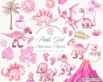 Puede incluir: Conjunto de imágenes prediseñadas de acuarela con dinosaurios rosas, soles, palmeras y hojas. El texto "Pink Girl Dinosaur Clipart" está presente. El conjunto incluye varias especies de dinosaurios y elementos relacionados.