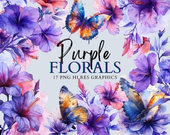 Purple flower png Floral Clipart, Lilac and Lavender watercolor Floral Wedding Invitations Clipart, Purple Flowers PNG watercolor bouquet