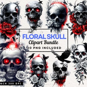20 PNG Aquarell Blumen Schädel Clipart, Gothic Clipart, Fantasy Clip Art, Floral Schädel Clip Art Bundle, Hexe PNG, Schädel PNG, Wicca Clipart