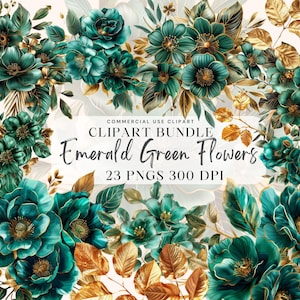 Emerald and Gold Green Flowers Watercolor Clipart Golden Leaves Glitter Flower Png Eembellishments quinceanera Flowers Bouquet Sage Green