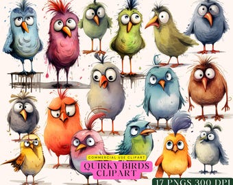 Schrullige Vögel Clipart, wunderliche Vogel, Vogel Aquarell, süße Vogel Clipart, lustige Vögel, Scrapbooking Clipart Aquarell, lustige Tiere Png