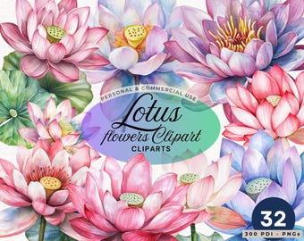 Watercolor Lotus Flower Clipart - Pink Lotus Flowers & Lily Pads, Botanical Floral Illustration for Wedding Invitations Floral Designs PNG