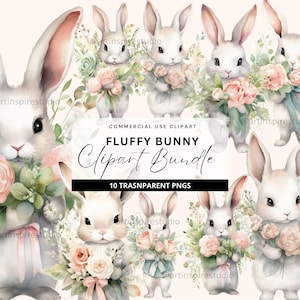 Fluffy Bunny Clipart, Cute watercolor bunny Clipart, Rabbit holding Flowers, Baby Shower Bunny Baby Shower, Bunny Birthday Clipart PNG