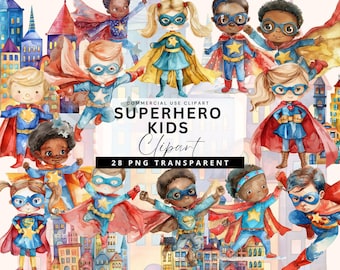 Watercolor Superhero Clipart Bundle with Commercial License png, digital download, superhero birthday, watercolor clipart, cute comic book