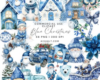 Blue Christmas Clipart, Winter Clipart, Snowman, Santa, Reindeer, Elf, Snowman , Polar Bear, North pole, PNG Junk Journal, Commercial Use