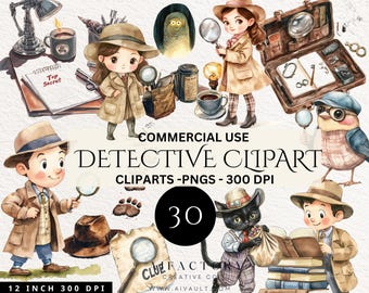 Watercolor Clipart Detective, Spy Clipart, Secret Agent Clipart, Job Occupation, Detective Watercolor Clip Art, Clip Art Commercial Use PNG