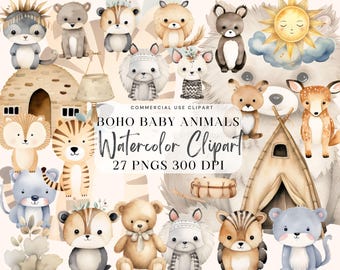 Clipart de acuarela de bebé bohemio, clipart de animales bebés del bosque bohemio, clipart de animales de guardería, PNG de baby shower, animal lindo, diseño de sublimación