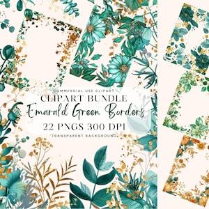 22 Emarald Green & Gold Flower Border Clipart Floral Border Clip art Watercolor leaves Border PNG Frame Transparent background invitation