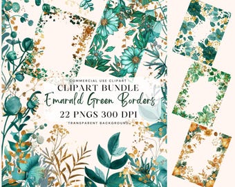 May include: A digital clipart bundle featuring emerald green borders with floral and botanical designs. The image includes various PNG files with transparent backgrounds, showcasing watercolor-style illustrations of flowers and leaves, with gold accents.