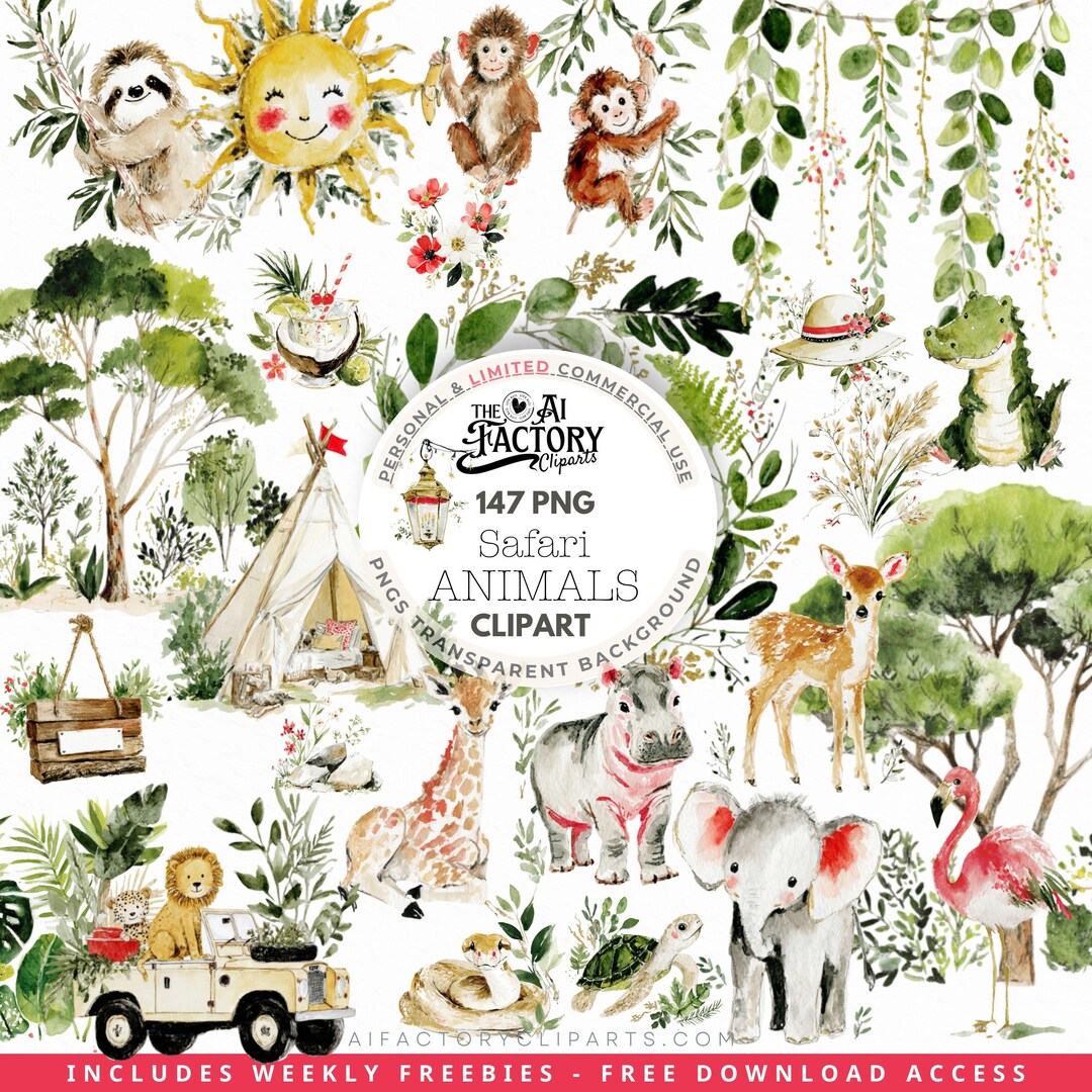 Watercolor Safari Animals Clipart, Cute Jungle Baby PNG Bundle, Nursery ...
