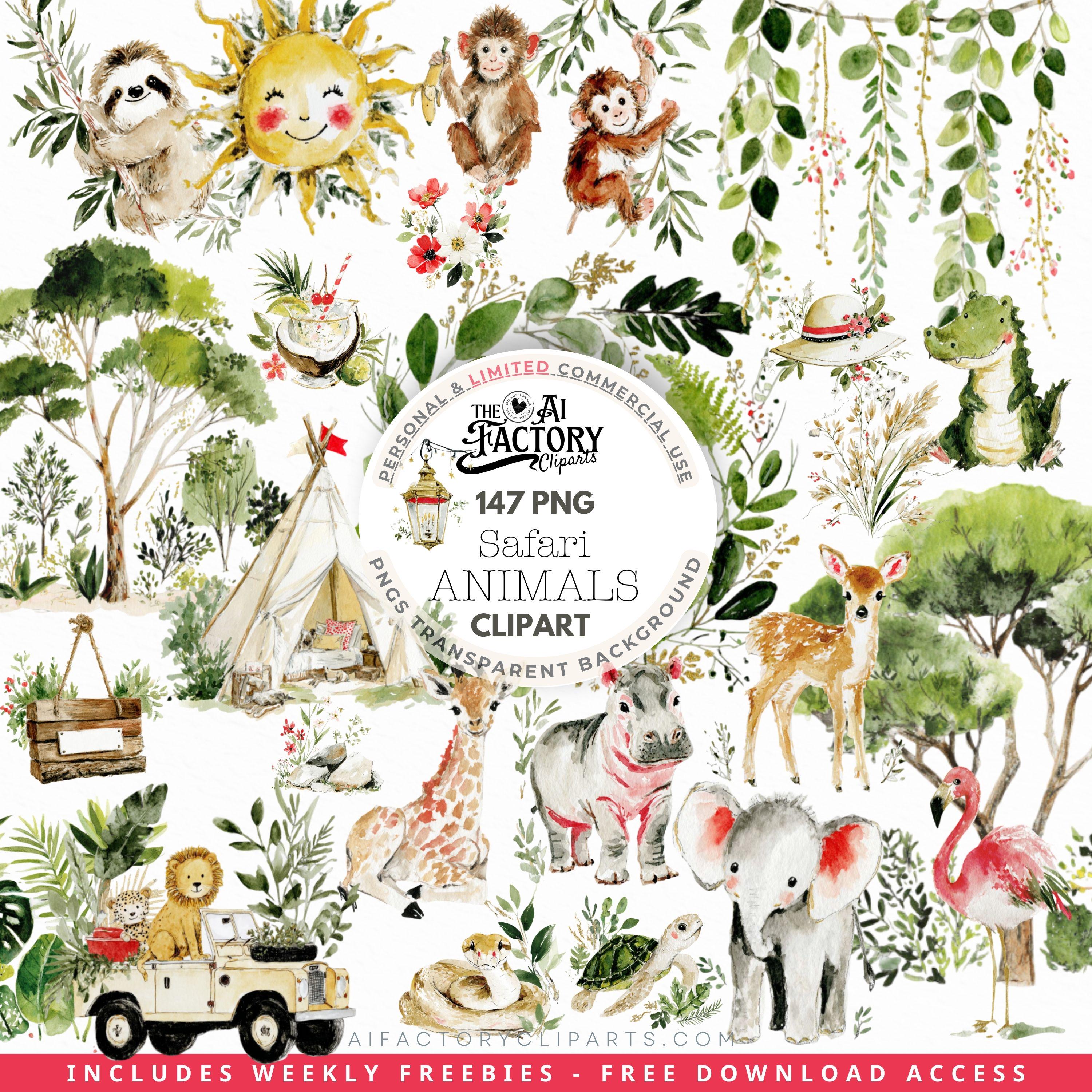 Watercolor Safari Animals Clipart, Cute Jungle Baby PNG Bundle, Nursery ...