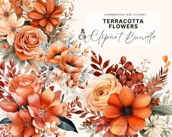 Autumn Terracotta Flowers Clipart, Rust Orange Floral Bouquet, Fall Watercolor Flowers PNG Bundle, Floral Clipart, Wedding Clipart