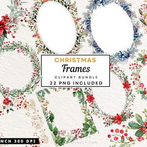 Pode incluir: Uma coleção de molduras de Natal em aquarela com detalhes florais e de bagas. As molduras têm várias formas, incluindo ovais e circulares, e apresentam cores vermelhas, verdes e brancas. O texto na imagem diz "Christmas Frames Clipart Bundle 22 PNG Included."